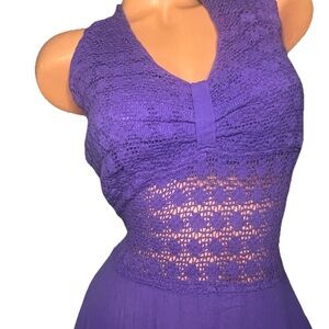 VINTAGE Dress L? Purple Crochet Handkerchief Hem Sundress Ribbon Bohemian